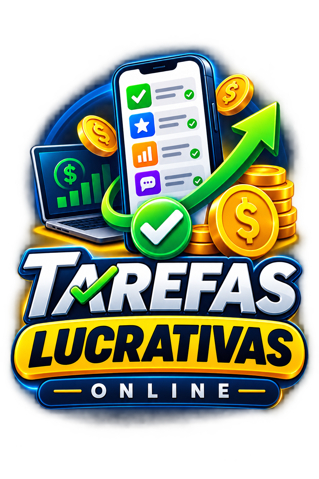 Tarefas Lucrativas Online — celular com lista de tarefas, moedas e gráfico de crescimento